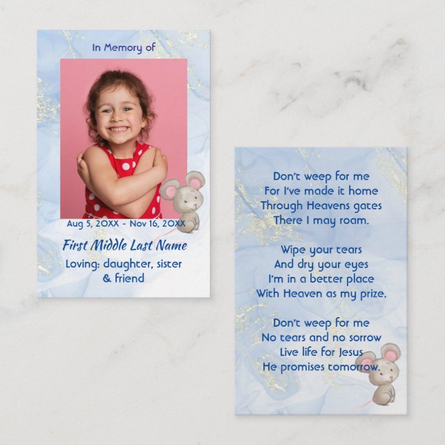 Christian Memorial Keepsake Cute Little Mouse  Business Card (Front/Back)
