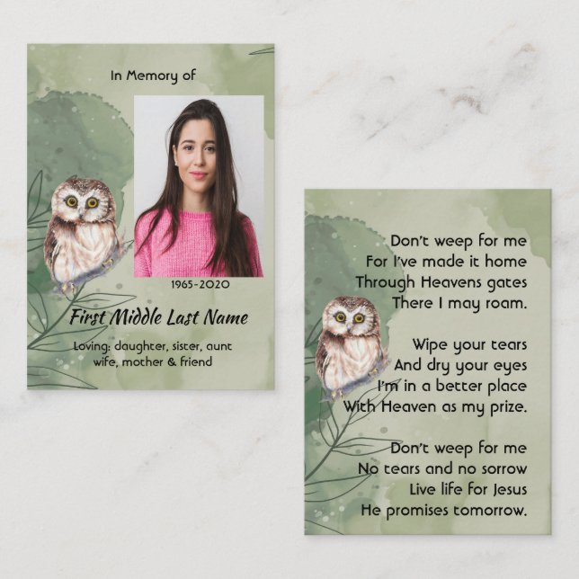 Christian Memorial Keepsake Cute Owl Bird Business Card (Front/Back)