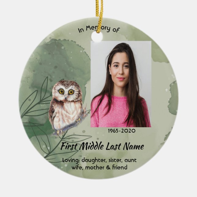 Christian Memorial Keepsake Cute Owl Bird Ceramic Ornament (Front)