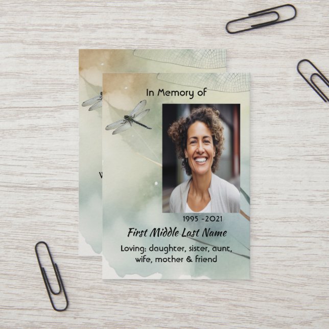 Christian Memorial Keepsake Dragonfly Business Business Card (Front/Back In Situ)