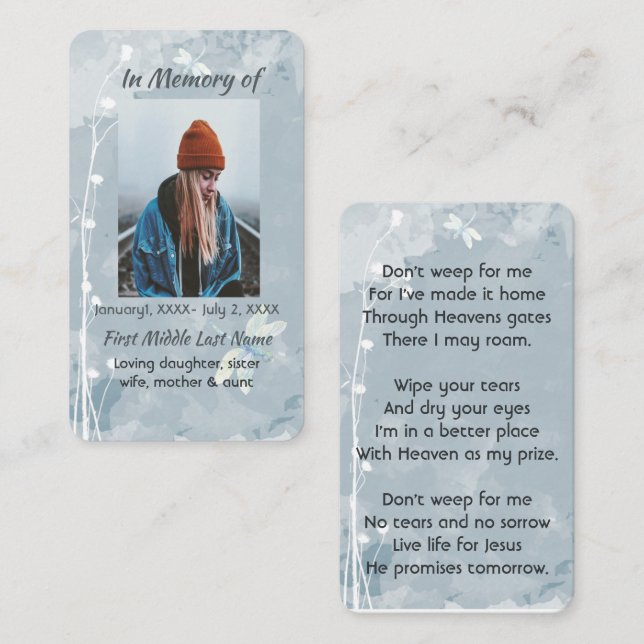 Christian Memorial Keepsake Dragonfly White Flower Business Card (Front/Back)