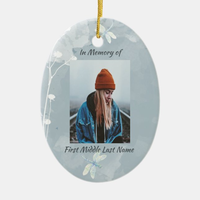 Christian Memorial Keepsake Dragonfly White Flower Ceramic Ornament (Front)