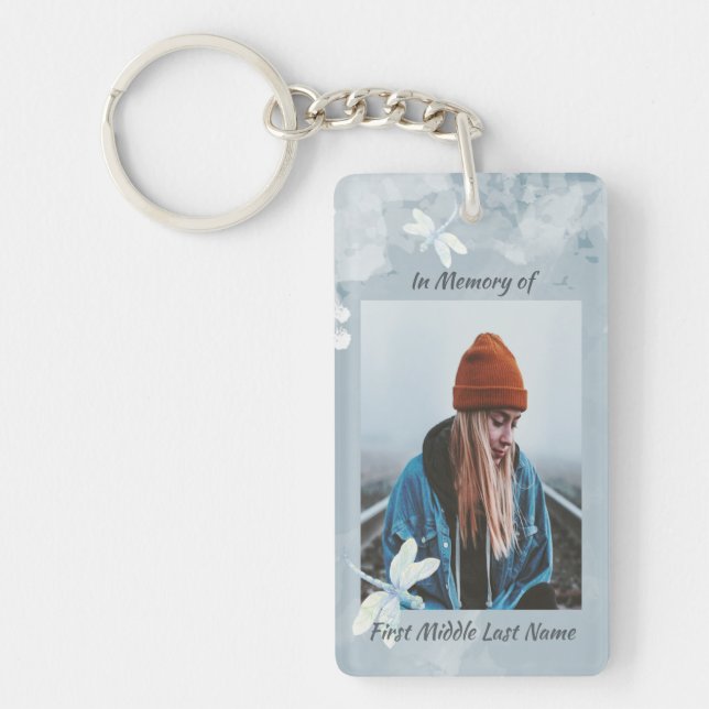 Christian Memorial Keepsake Dragonfly White Flower Keychain (Front)