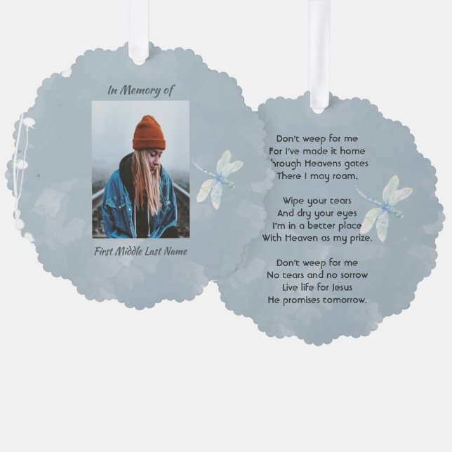 Christian Memorial Keepsake Dragonfly White Flower Ornament Card (Front/Back)
