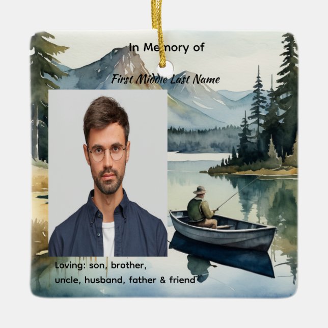 Christian Memorial Keepsake Fishing Lake in Boat Ceramic Ornament (Front)