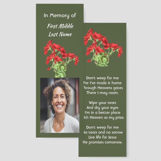 Christian Memorial Keepsake Geranium Flower Bookmarks (Front & Back)