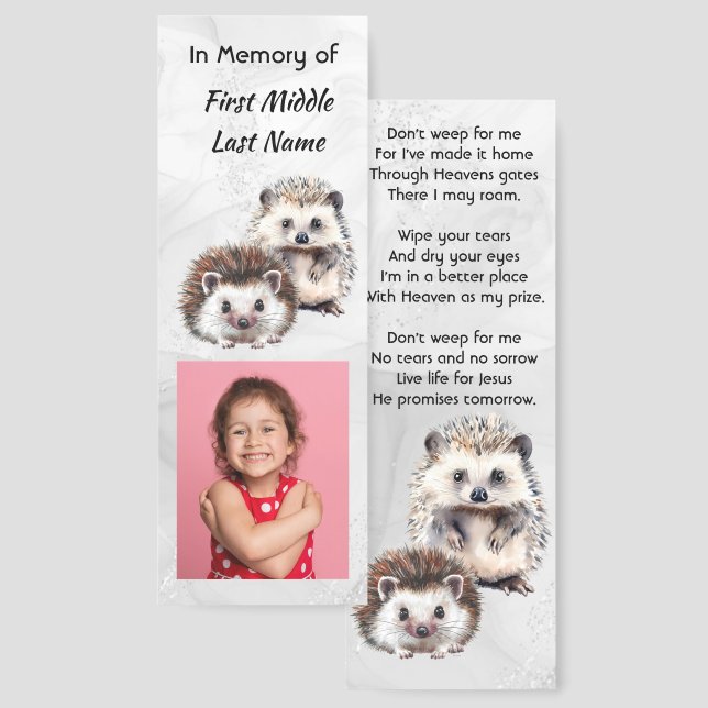 Christian Memorial Keepsake Hedgehog Children Bookmarks (Front & Back)