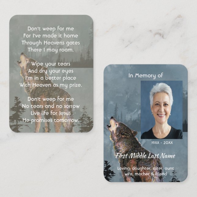 Christian Memorial Keepsake  Howling Wolf Business Card (Front/Back)