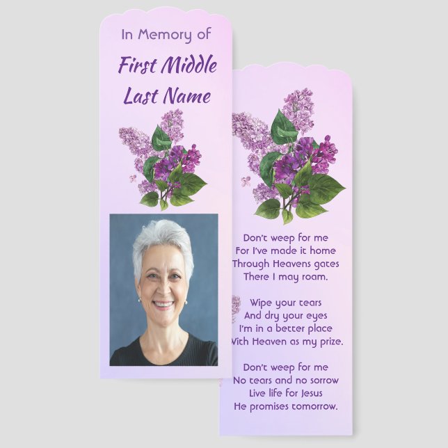 Christian Memorial Keepsake Lilac Garden Flower  Bookmarks (Front & Back)