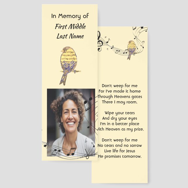 Christian Memorial Keepsake Music Bird  Bookmarks (Front & Back)
