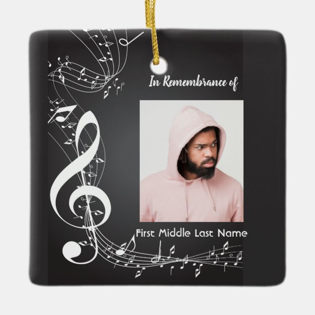 Christian Memorial Keepsake Music Notes background Ceramic Ornament (Front)