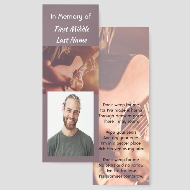Christian Memorial Keepsake Musician Piano Guitar  Bookmarks (Front & Back)