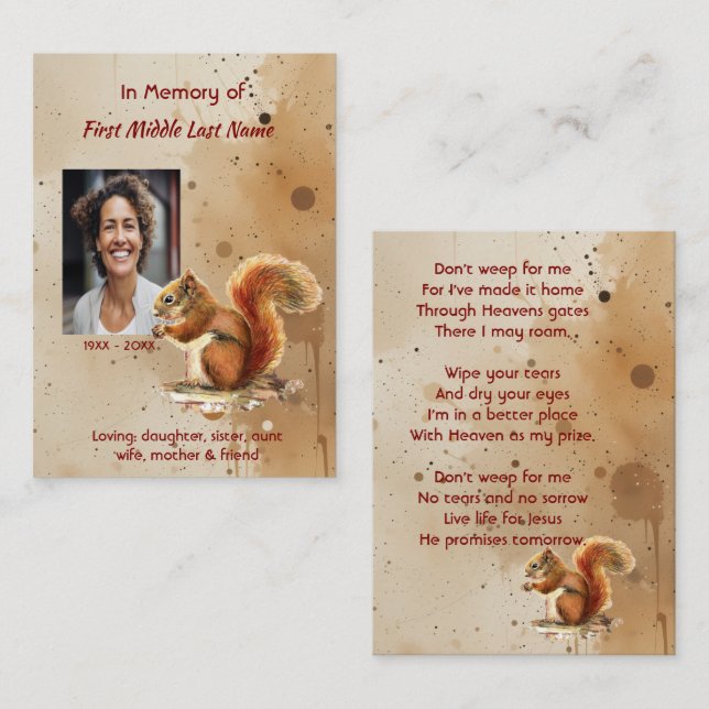 Christian Memorial keepsake Red Squirrel Business Card (Front/Back)