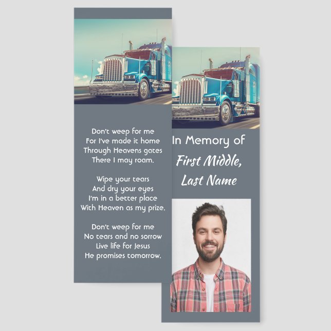 Christian Memorial Keepsake Semi Truck Trailer Bookmarks (Front & Back)