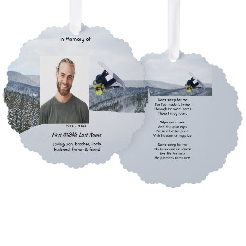 Christian Memorial Keepsake Snowboarding Winter Ornament Card