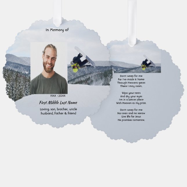 Christian Memorial Keepsake Snowboarding Winter Ornament Card (Front/Back)