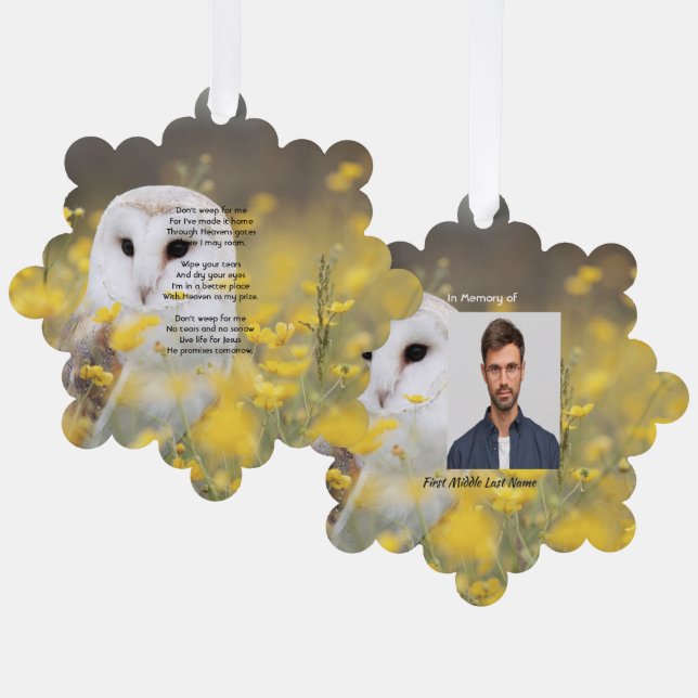Christian Memorial Photo Barn Owl Bird  Ornament Card (Front/Back)