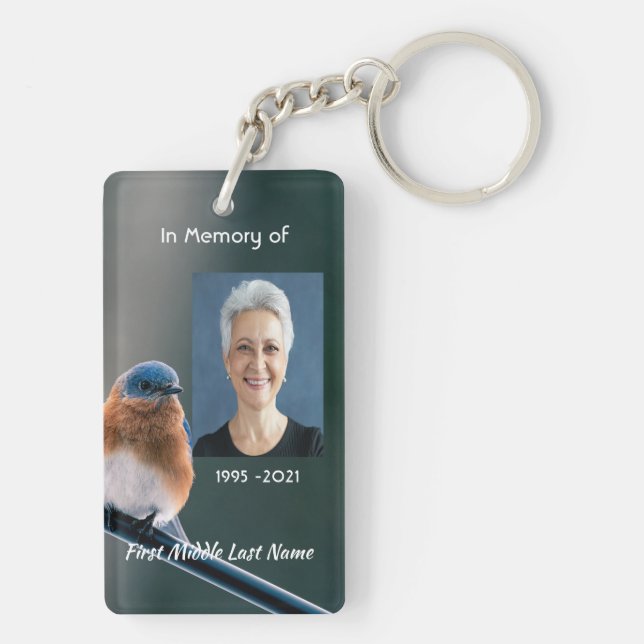 Christian Memorial Photo Bluebird Garden Bird  Keychain (Back)