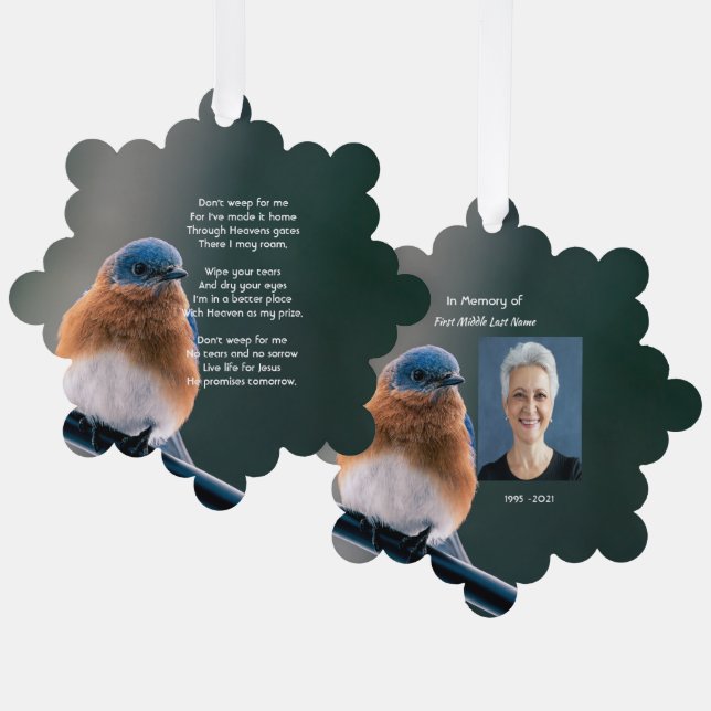 Christian Memorial Photo Bluebird Garden Bird  Ornament Card (Front/Back)
