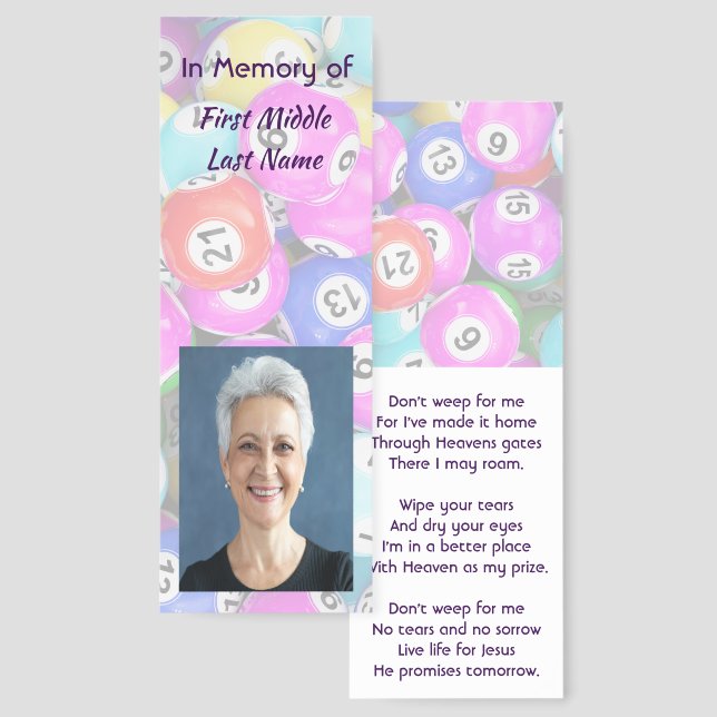 Christian Memorial Photo Keepsake Bingo Game  Bookmarks (Front & Back)