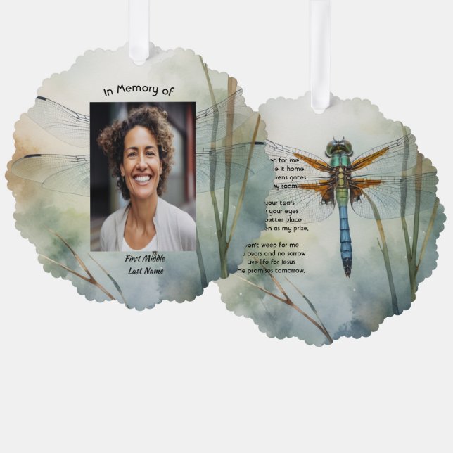 Christian Memorial Photo Keepsake Custom Dragonfly Ornament Card (Front/Back)