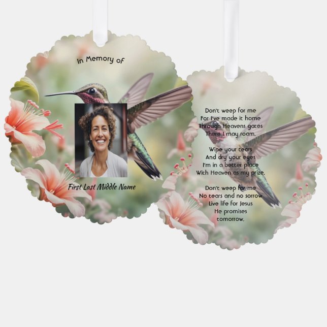 Christian Memorial Photo Keepsake Hummingbird Ornament Card (Front/Back)