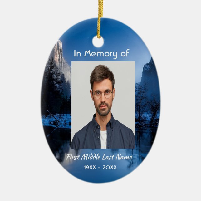 Christian Memorial Photo Mountain Lake Winter Snow Ceramic Ornament (Front)