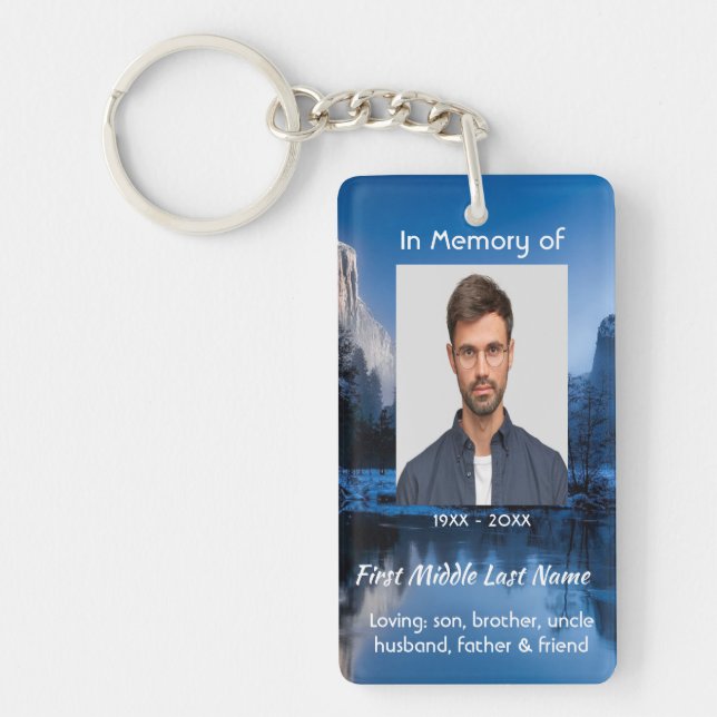 Christian Memorial Photo Mountain Lake Winter Snow Keychain (Front)