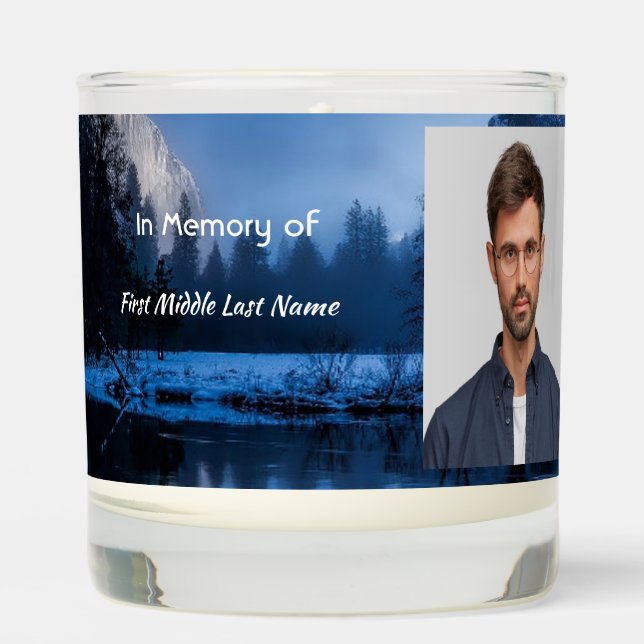 Christian Memorial Photo Mountain Lake Winter Snow Scented Candle (Front)