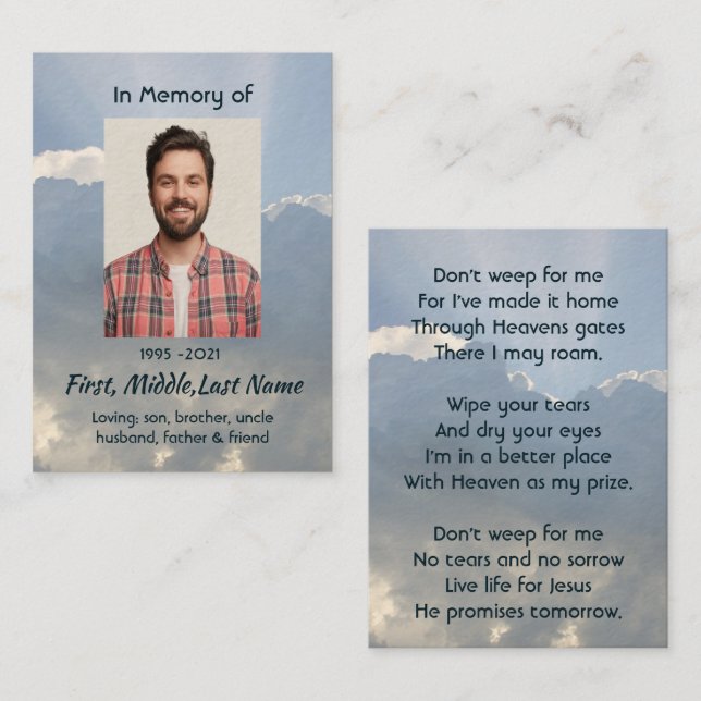 Christian Memorial Photo Prayer Heavenly Sky Business Card (Front/Back)