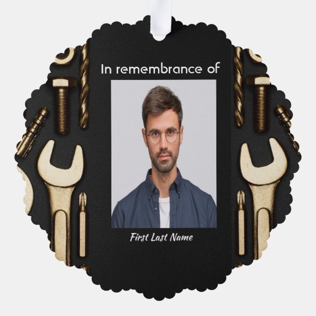 Christian Memorial Photo Prayer Tools Mechanic Ornament Card (Back)