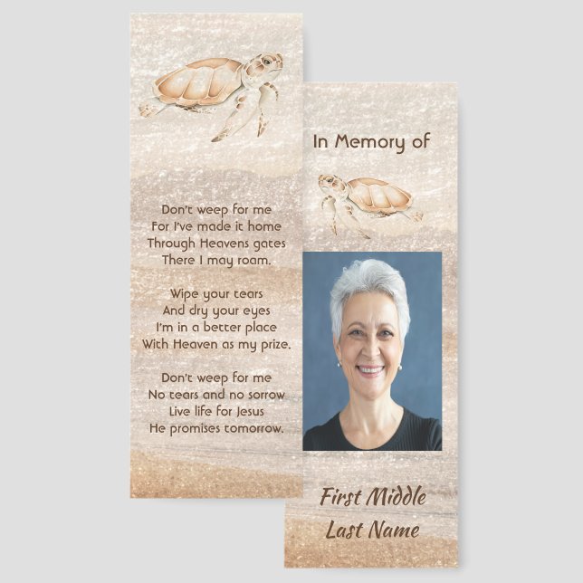 Christian Memorial Photo Sandy Beach Sea Turtle Bookmarks (Front & Back)