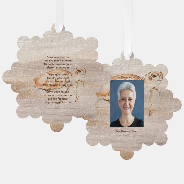 Christian Memorial Photo Sandy Beach Sea Turtle  Ornament Card (Front/Back)