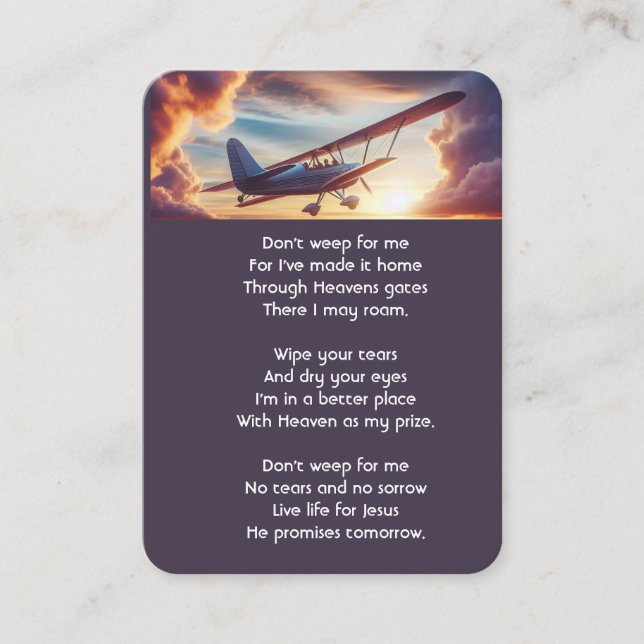 Christian Memorial Pilot Airplane Flying Sunset Business Card (Front)