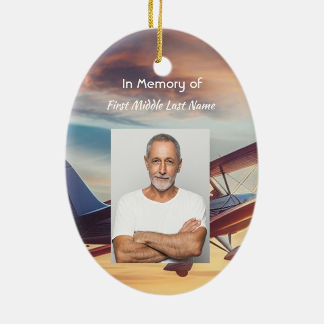 Christian Memorial Pilot Airplane Flying Sunset Ceramic Ornament (Back)