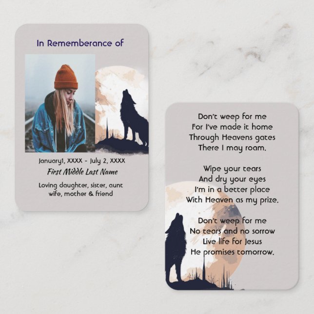 Christian Memorial Prayer Lone Wolf Howling Animal Business Card (Front/Back)