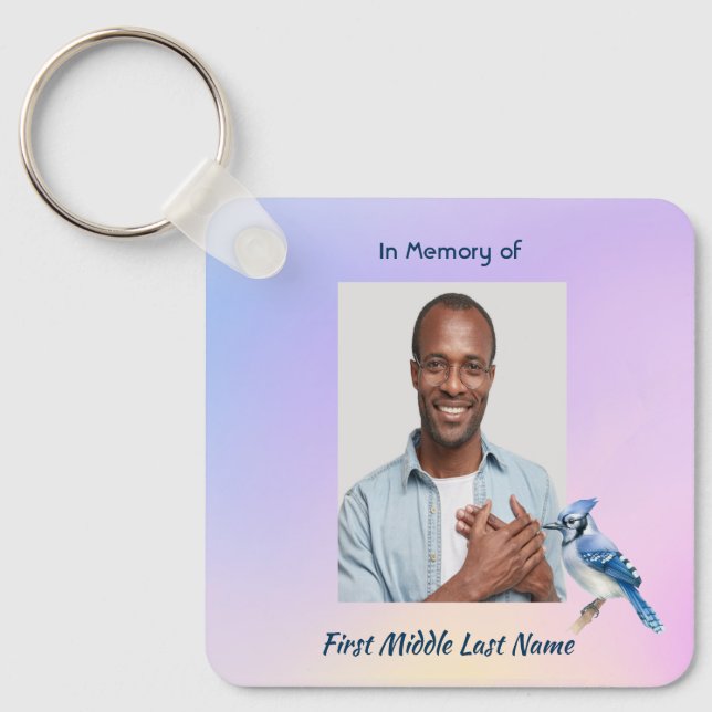 Christian Memorial Watercolor Bluejay Garden  Keychain (Front)