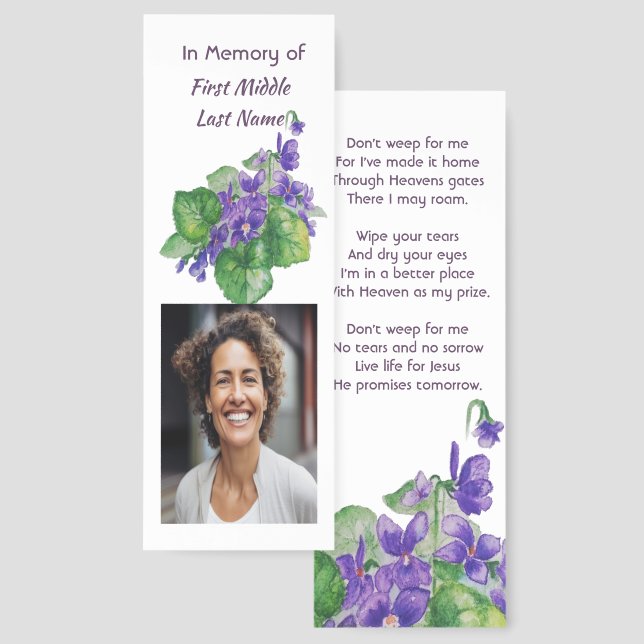 Christian Memorial Watercolor Wild Violet  Bookmarks (Front & Back)