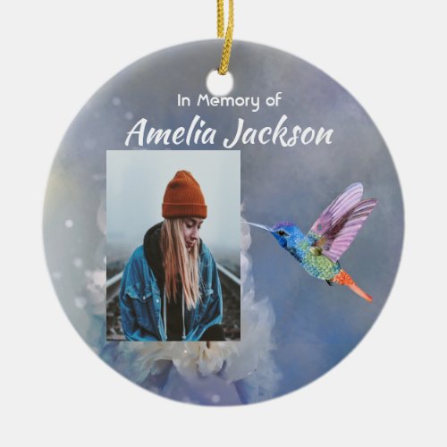Christian Memorial White Flower Hummingbird Ceramic Ornament