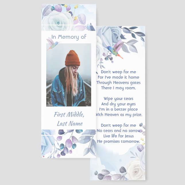 Christian Memory Keepsake Hummingbird Blue Roses  Bookmarks (Front & Back)