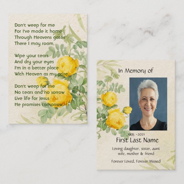 Christian Memory Photo Yellow Roses Garden Flowers Business Card (Front/Back)
