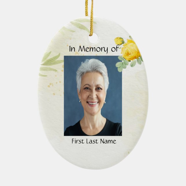 Christian Memory Photo Yellow Roses Garden Flowers Ceramic Ornament (Back)