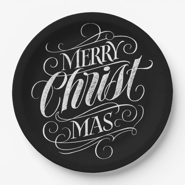 Christian Merry Christmas Chalkboard Lettering Paper Plates (Front)