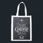 Christian Merry Christmas Christ Faith Chalkboard Reusable Grocery Bag<br><div class="desc">We say 'Merry Christmas' but often we forget the origin of the words. This original hand lettering uses its unique design to tell the story simply and elegantly in the fashionable and fun chalkboard look. Show your CHRISTmas spirit. Stylish custom hand lettering by lettering artist Ivan Angelic. This piece of...</div>