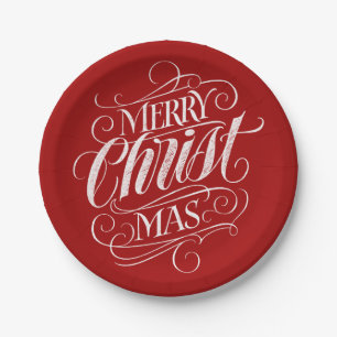 Christian Merry Christmas Christ Lettering Red Paper Plates