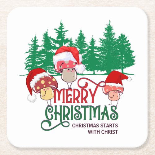 Christian MERRY CHRISTMAS MUSHROOMS in Forest Square Paper Coaster