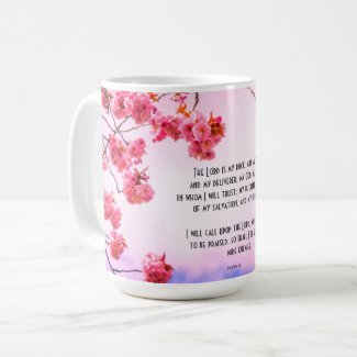 Christian mug with scriptures and cherry blossom