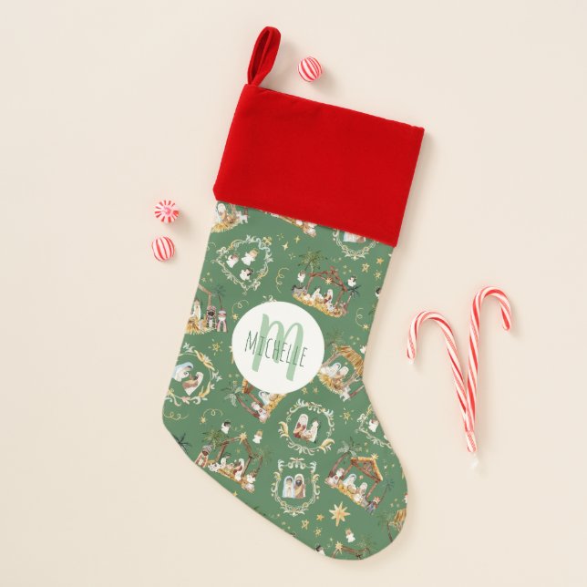 Christian Nativity Monogram Christmas Stocking (Front)
