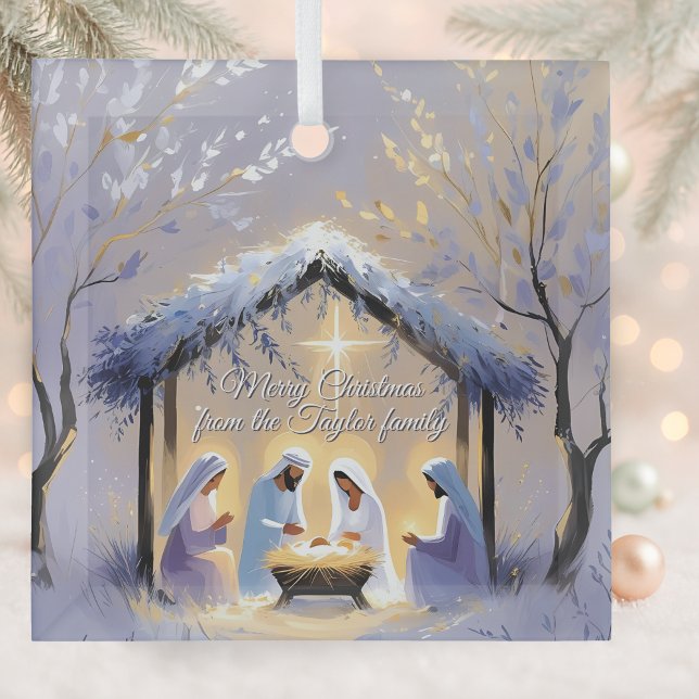 Christian Nativity Scene Holy Family Christmas  Glass Ornament (Personalized Christian Nativity Scene Christmas Ornament Holy Family Manger Under Star of Bethlehem)