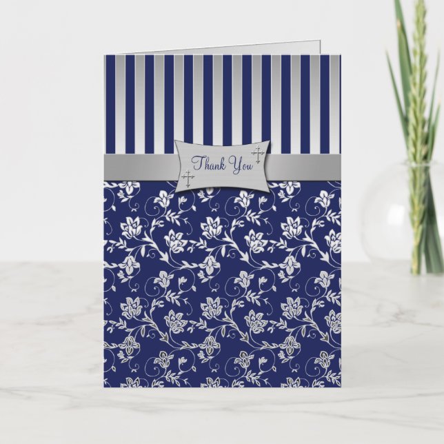 Christian Navy and Silver Floral Thank You Card (Front)